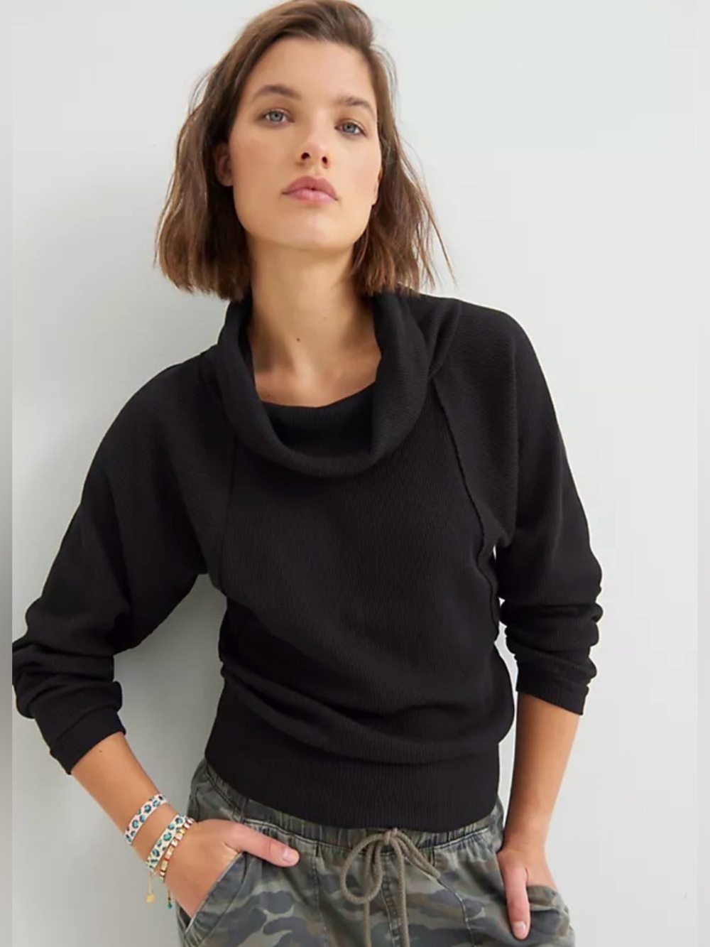 Anthropology Pilcro Angie Mock Neck Waffle Top Black Cowl Neck Women's Sweater